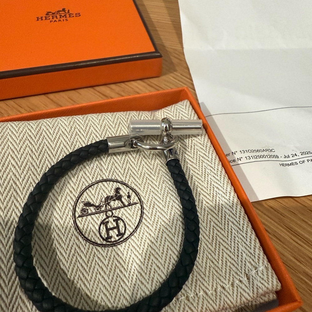 Hermes Black Braided Bracelet with Silver Accent